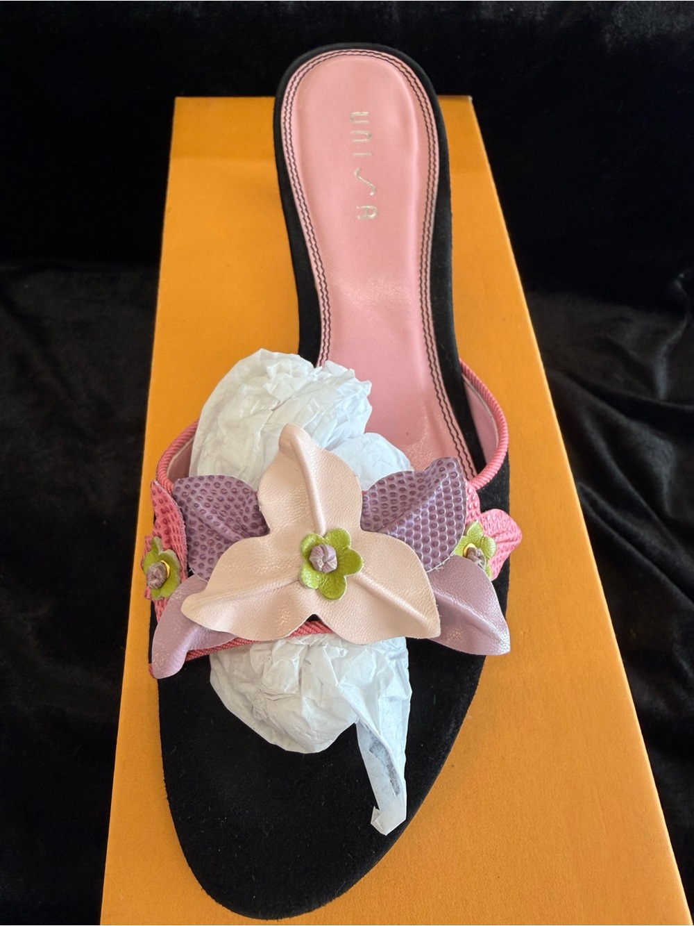 Unisa Pink and Black Floral kitten heels